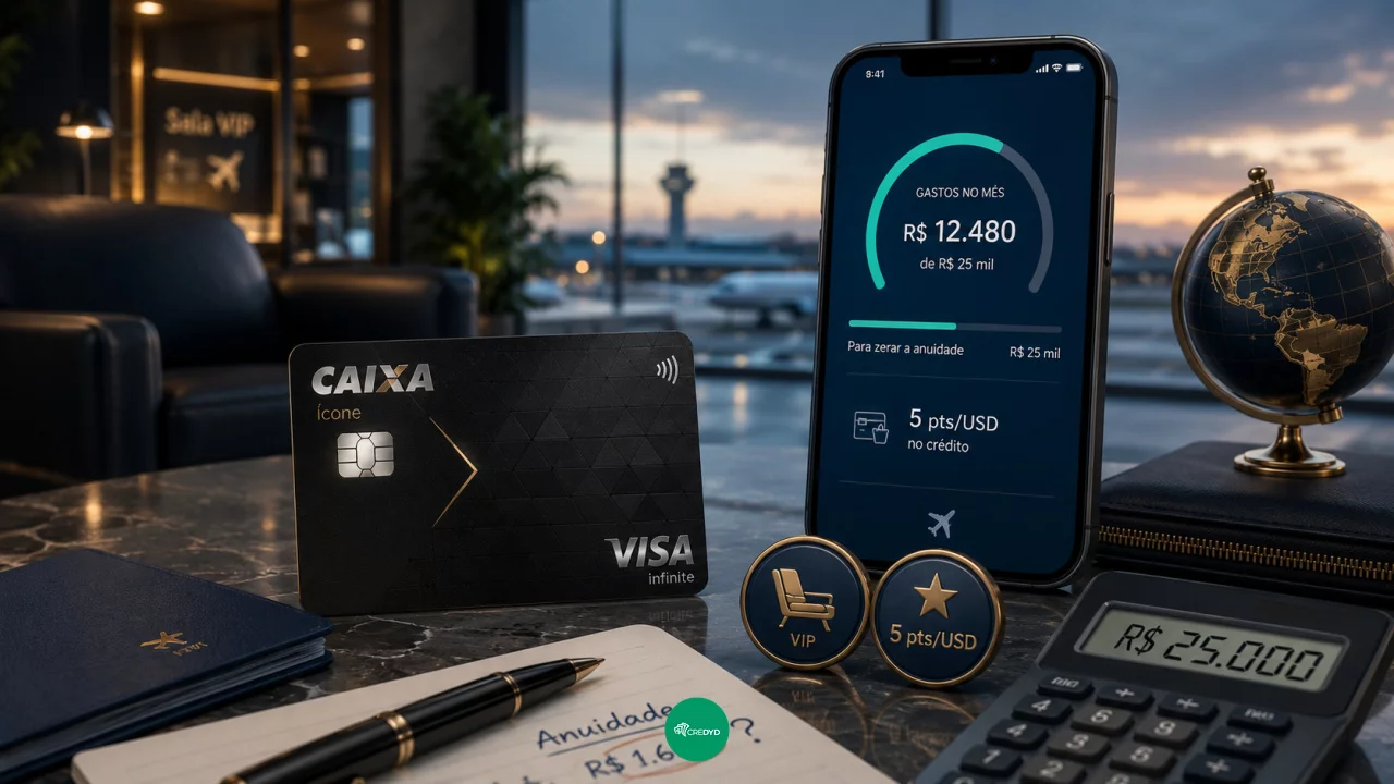 CAIXA Ícone Visa com 5 pontos por dólar: quanto precisa gastar para zerar a anuidade de R$ 1.650?