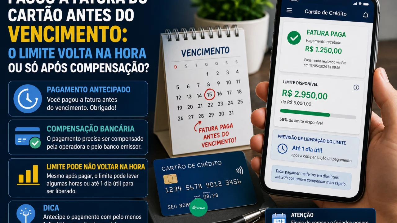 Pagou a fatura do cartão antes do vencimento: o limite volta na hora ou só após compensação?