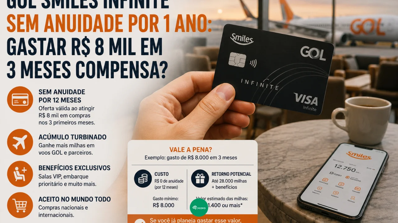 GOL Smiles Infinite sem anuidade por 1 ano: gastar R$ 8 mil em 3 meses compensa?